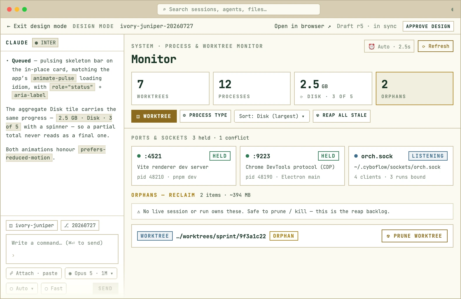 Cyboflow design mode: an agent thread on the left and the process and worktree monitor on the right, dimmed behind a &ldquo;design in progress&rdquo; badge while the agent redraws it.